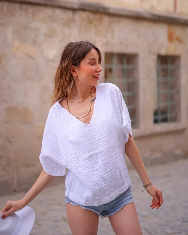 White Double Gauze Cotton V-Neck Top