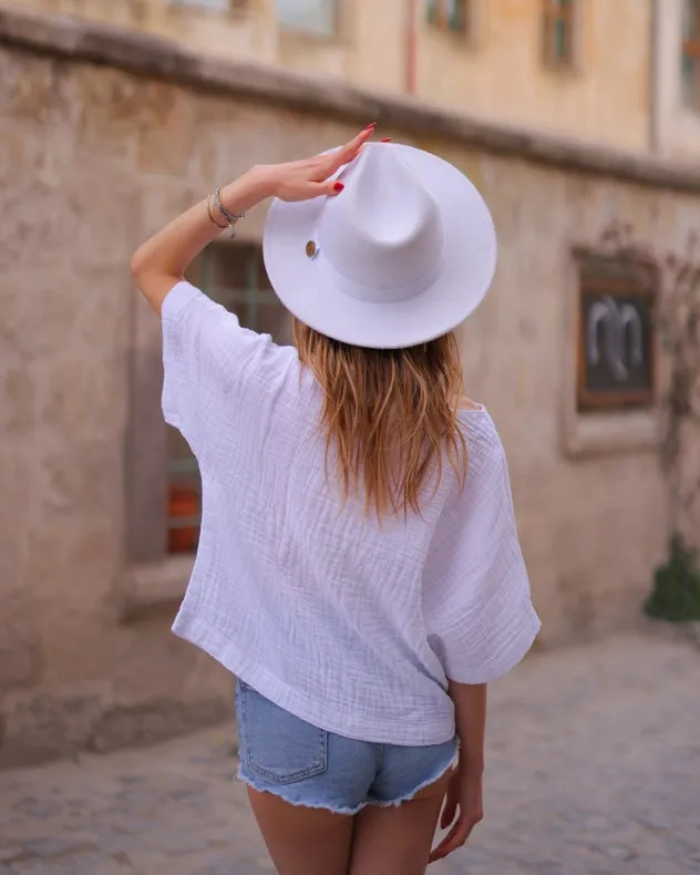 White Double Gauze Cotton V-Neck Top