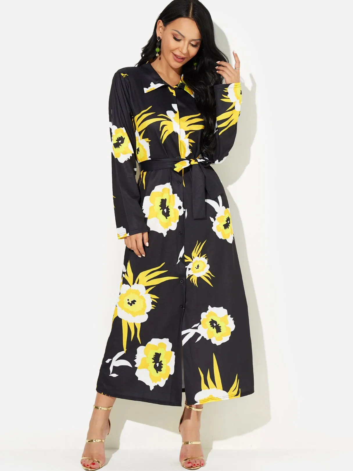 Wholesale Black Classic Collar Long Sleeve Floral Print Self-Tie Slit Hem Dresses