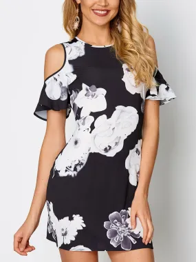 Wholesale Black Cold Shoulder Short Sleeve Floral Print Dresses