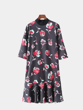 Wholesale Black Crew Neck 3/4 Length Sleeve Floral Print Zip Back Flounced Hem Dresses