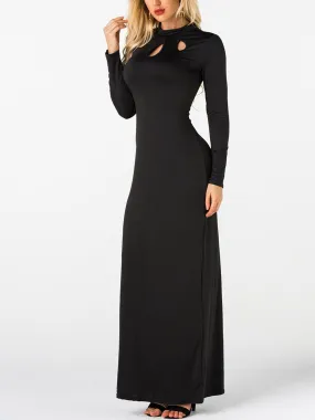 Wholesale Black Crew Neck Long Sleeve Hollow Cut Out Ruffle Hem Maxi Dress