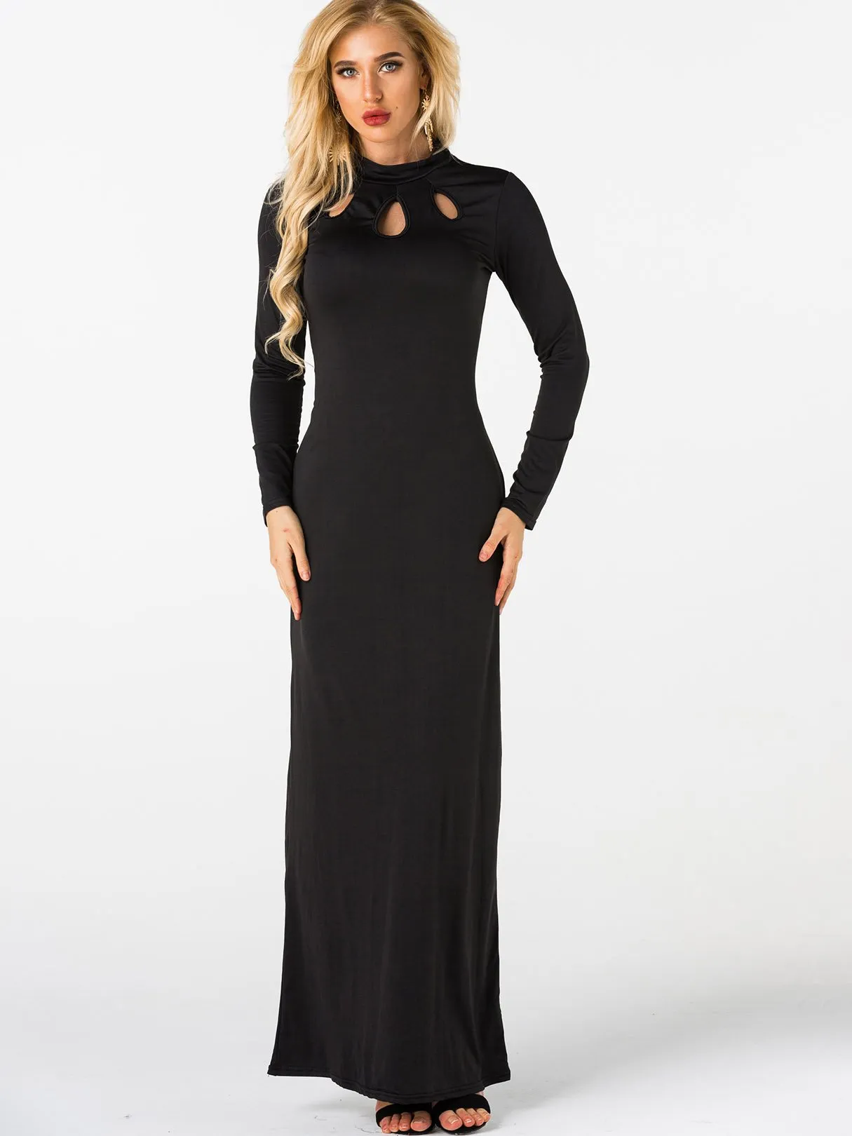 Wholesale Black Crew Neck Long Sleeve Hollow Cut Out Ruffle Hem Maxi Dress