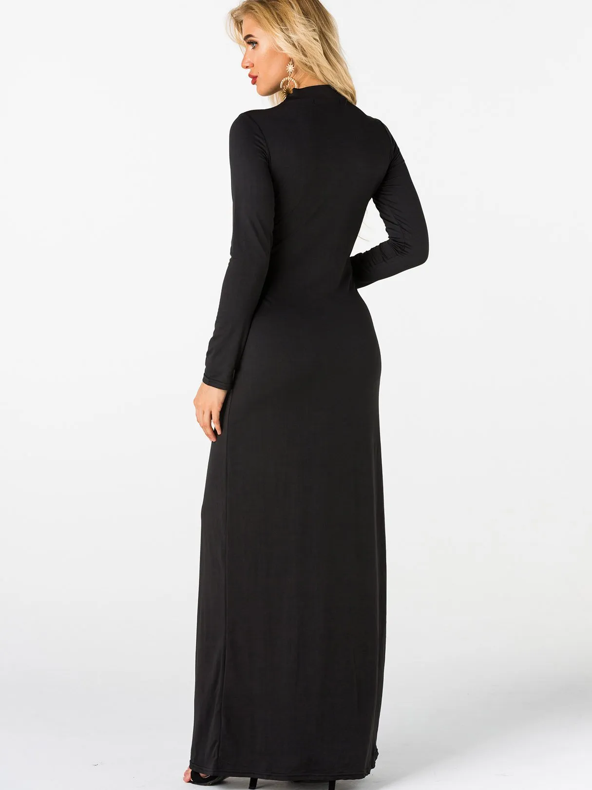 Wholesale Black Crew Neck Long Sleeve Hollow Cut Out Ruffle Hem Maxi Dress