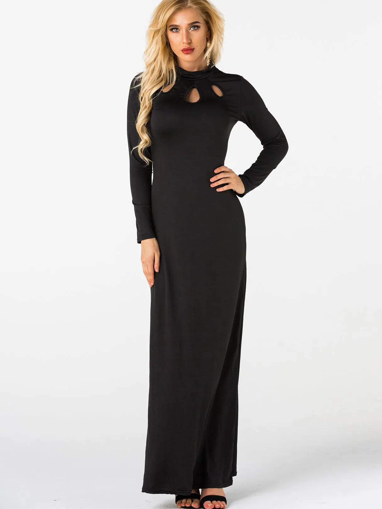 Wholesale Black Crew Neck Long Sleeve Hollow Cut Out Ruffle Hem Maxi Dress