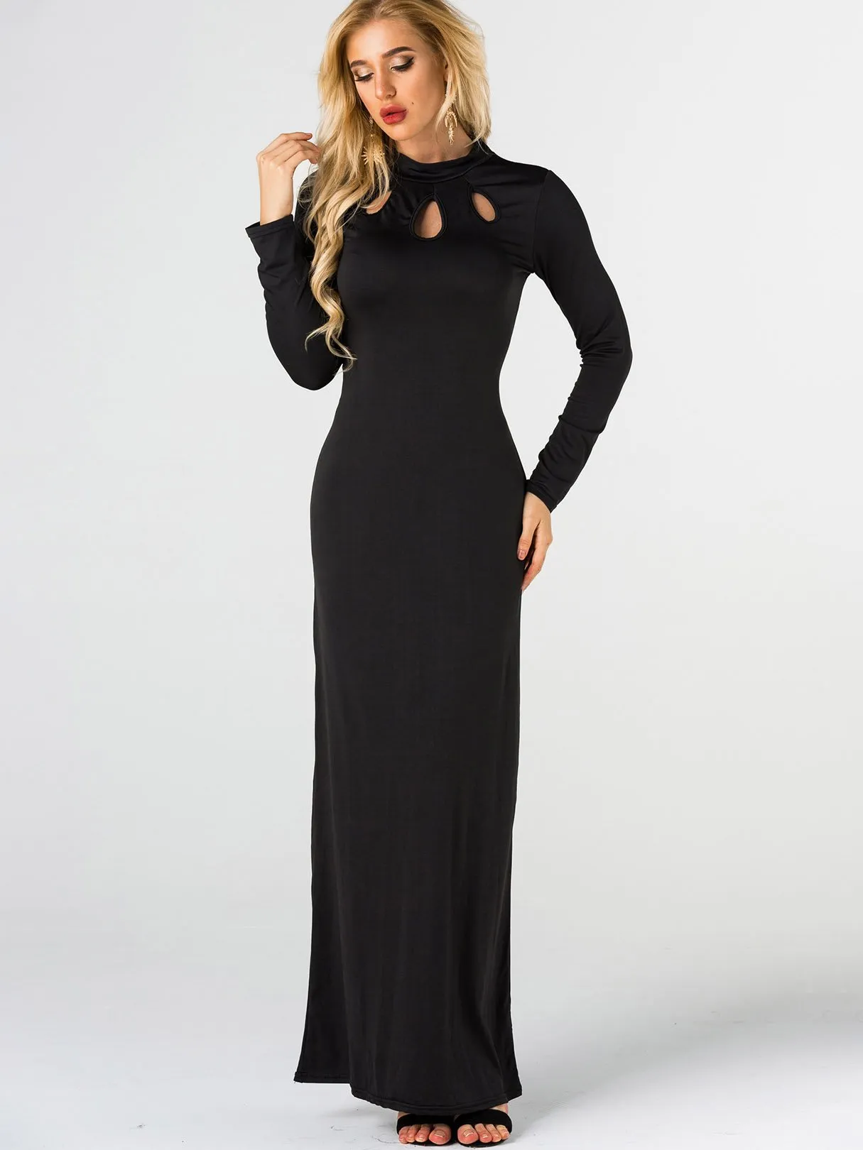 Wholesale Black Crew Neck Long Sleeve Hollow Cut Out Ruffle Hem Maxi Dress