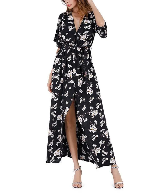 Wholesale Black Deep V Neck Short Sleeve Floral Print Slit Hem Dresses