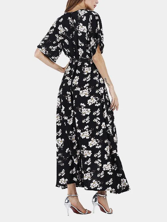 Wholesale Black Deep V Neck Short Sleeve Floral Print Slit Hem Dresses