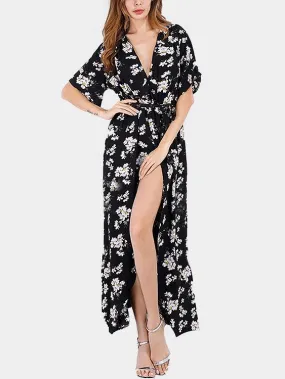 Wholesale Black Deep V Neck Short Sleeve Floral Print Slit Hem Dresses