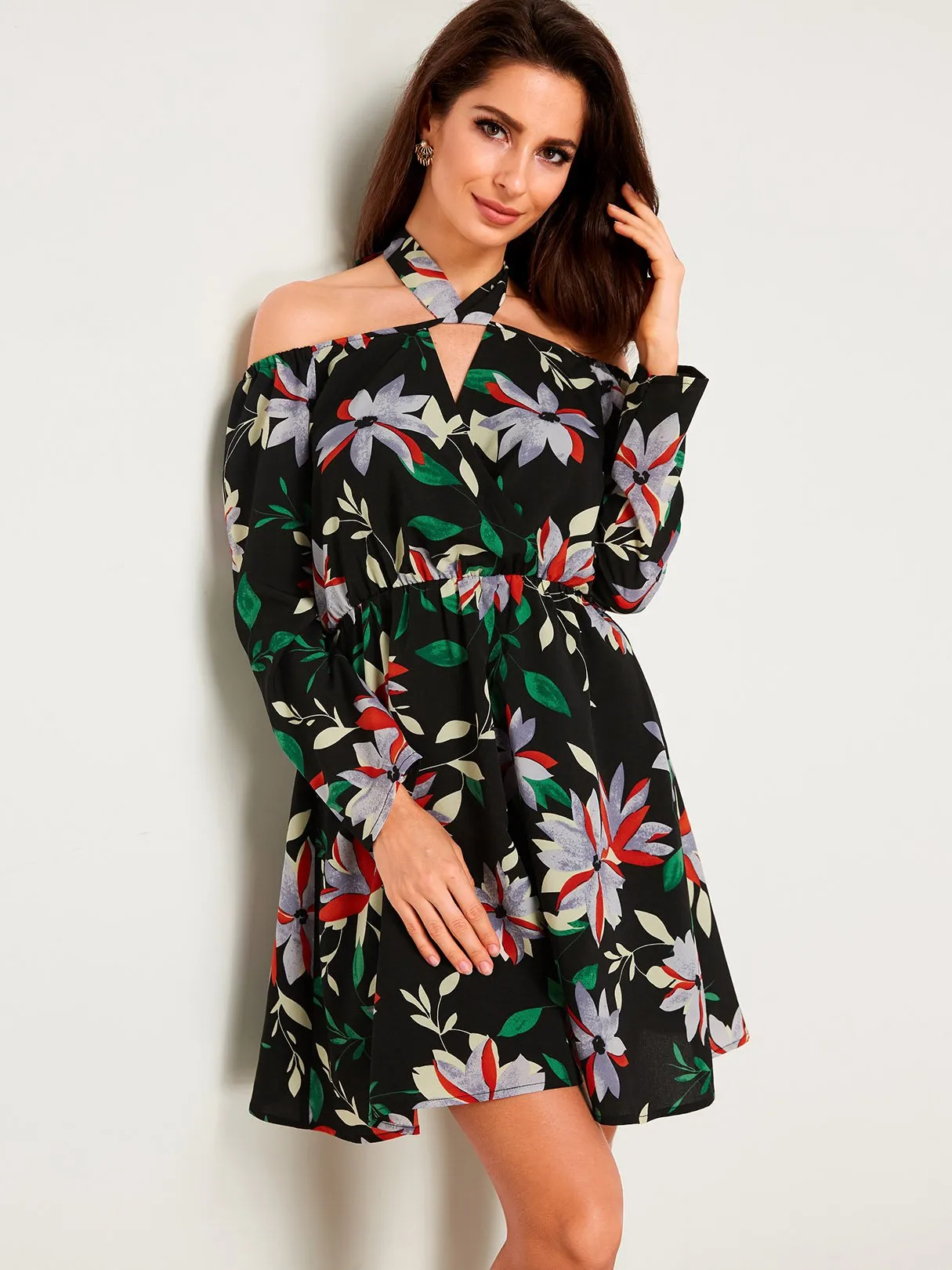 Wholesale Black Halter Off The Shoulder Long Sleeve Floral Print Dresses