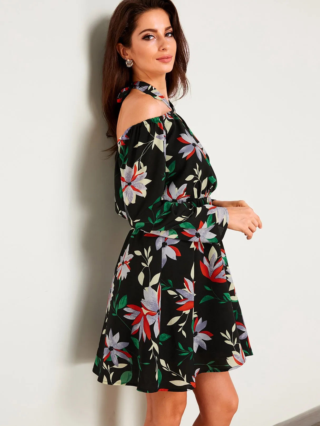 Wholesale Black Halter Off The Shoulder Long Sleeve Floral Print Dresses