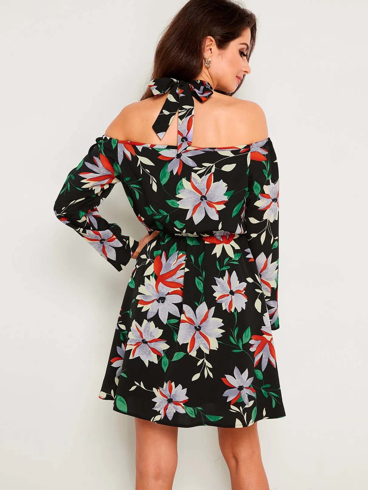 Wholesale Black Halter Off The Shoulder Long Sleeve Floral Print Dresses