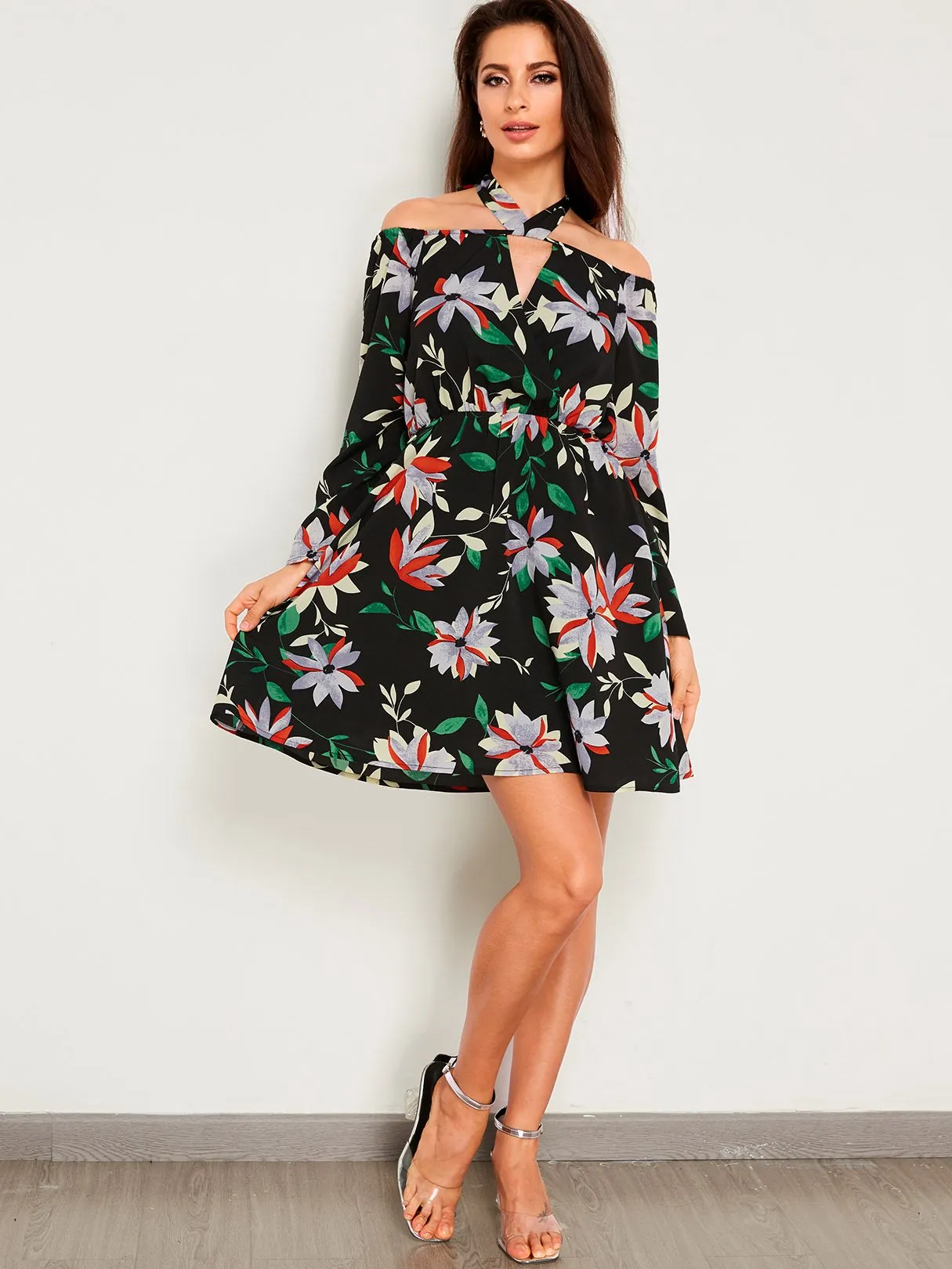 Wholesale Black Halter Off The Shoulder Long Sleeve Floral Print Dresses