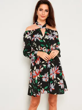 Wholesale Black Halter Off The Shoulder Long Sleeve Floral Print Dresses