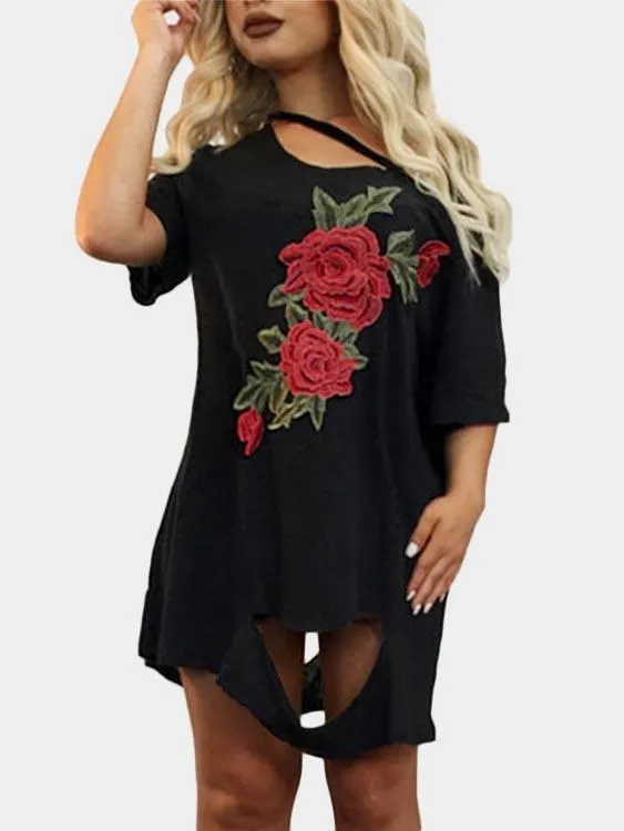 Wholesale Black Scoop Neck Short Sleeve Embroidered Cut Out Dresses