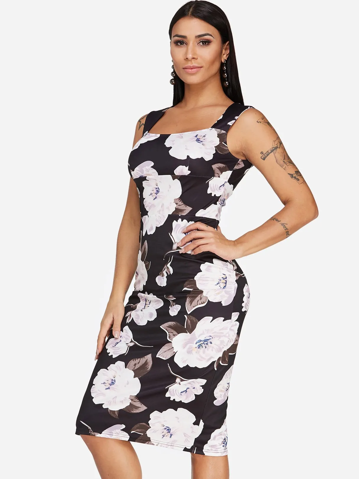 Wholesale Black Square Neck Sleeveless Floral Print Backless Dresses