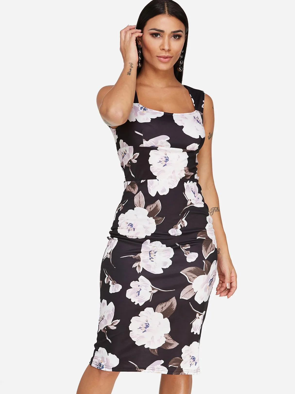 Wholesale Black Square Neck Sleeveless Floral Print Backless Dresses