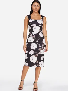 Wholesale Black Square Neck Sleeveless Floral Print Backless Dresses