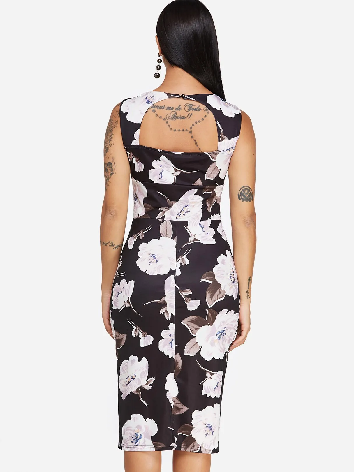 Wholesale Black Square Neck Sleeveless Floral Print Backless Dresses