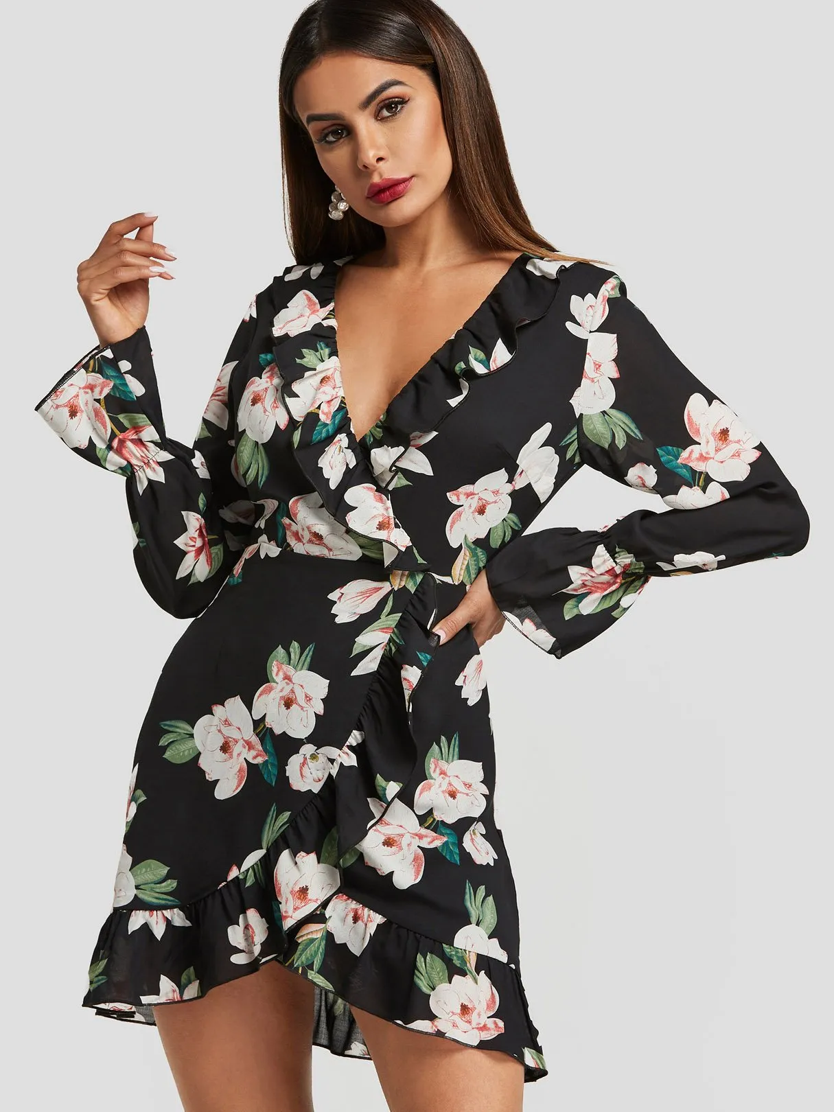 Wholesale Black V-Neck Long Sleeve Floral Print Crossed Front Ruffle Hem Dresses