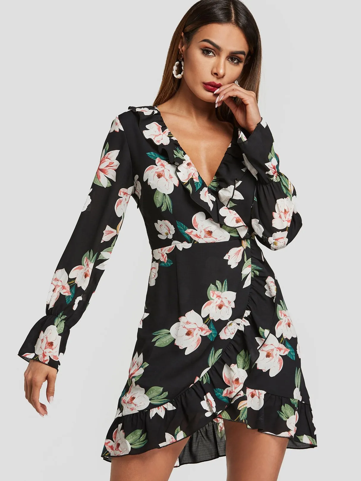 Wholesale Black V-Neck Long Sleeve Floral Print Crossed Front Ruffle Hem Dresses