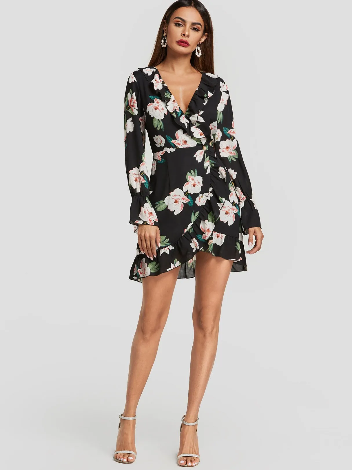 Wholesale Black V-Neck Long Sleeve Floral Print Crossed Front Ruffle Hem Dresses