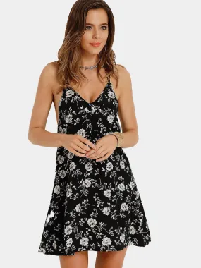 Wholesale Black V-Neck Sleeveless Floral Print Backless Dresses