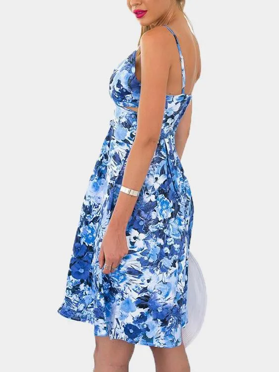 Wholesale Blue V-Neck Sleeveless Floral Print Backless Spaghetti Strap Dresses