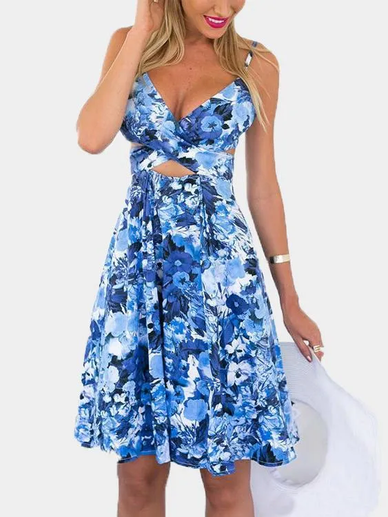 Wholesale Blue V-Neck Sleeveless Floral Print Backless Spaghetti Strap Dresses