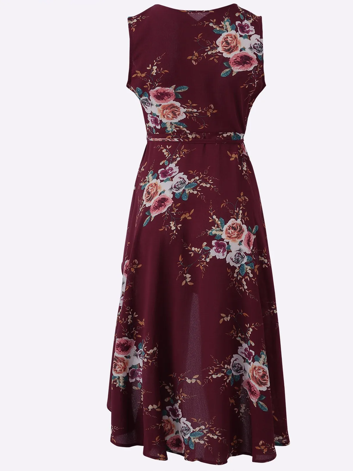 Wholesale Burgundy V-Neck Sleeveless Floral Print Wrap Irregular Hem Dresses