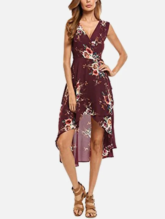 Wholesale Burgundy V-Neck Sleeveless Floral Print Wrap Irregular Hem Dresses