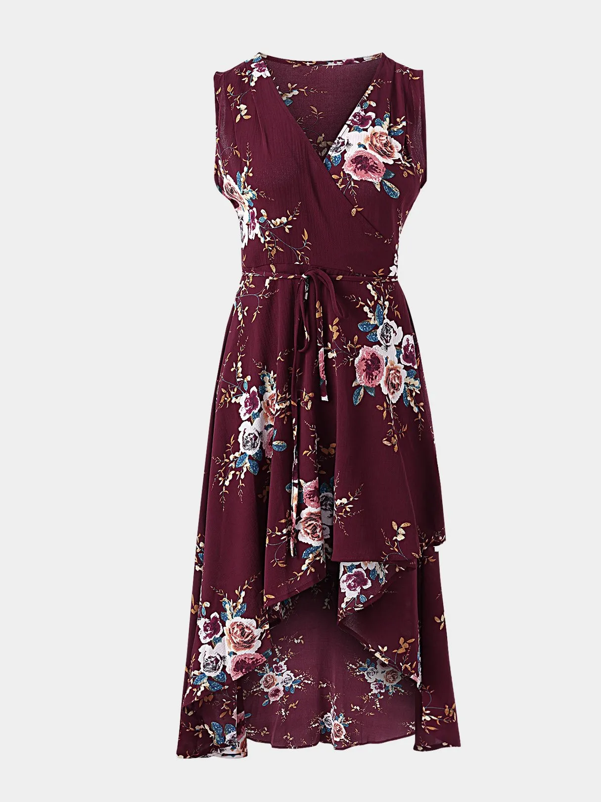 Wholesale Burgundy V-Neck Sleeveless Floral Print Wrap Irregular Hem Dresses