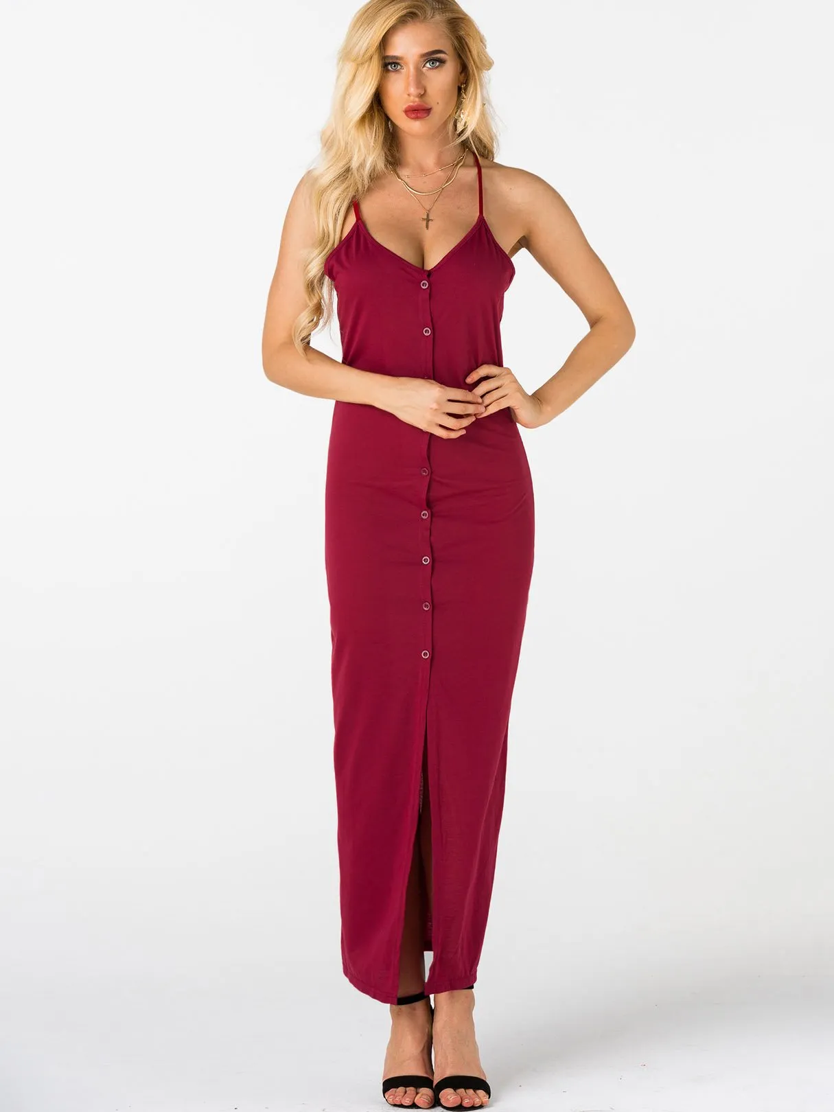 Wholesale Burgundy V-Neck Sleeveless Plain Spaghetti Strap Slit Hem Maxi Dresses