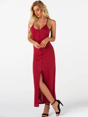 Wholesale Burgundy V-Neck Sleeveless Plain Spaghetti Strap Slit Hem Maxi Dresses