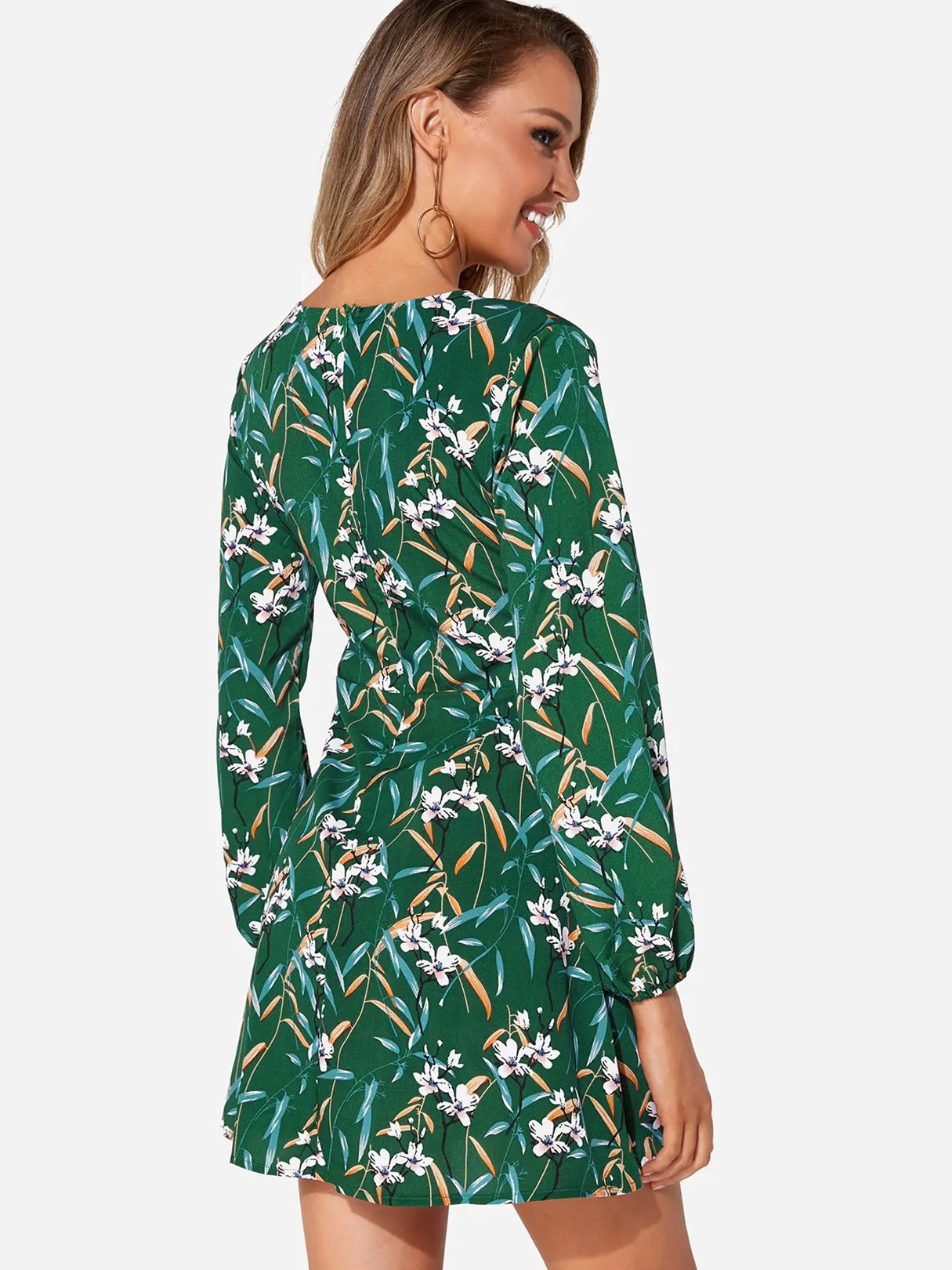 Wholesale Green Deep V Neck Long Sleeve Floral Print Self-Tie Dresses