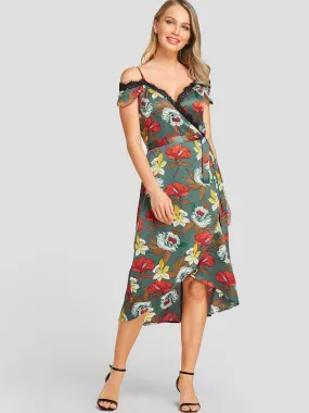 Wholesale Green V-Neck Cold Shoulder Floral Print Spaghetti Strap Self-Tie Dresses