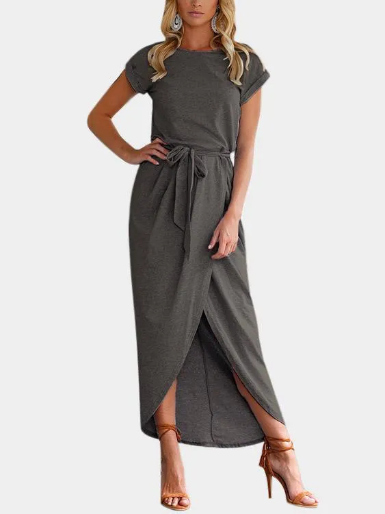 Wholesale Grey Round Neck Short Sleeve Crossed Front Lace-Up Slit Hem Maxi Dresses