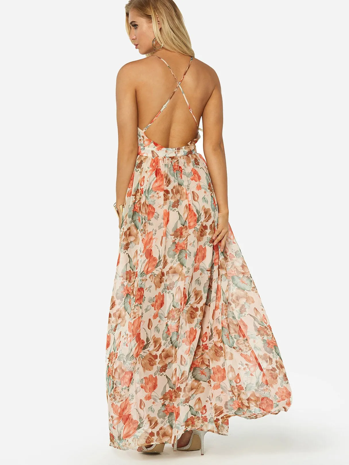 Wholesale Halter Deep V Neck Sleeveless Floral Print Backless See Through Criss-Cross Maxi Dress