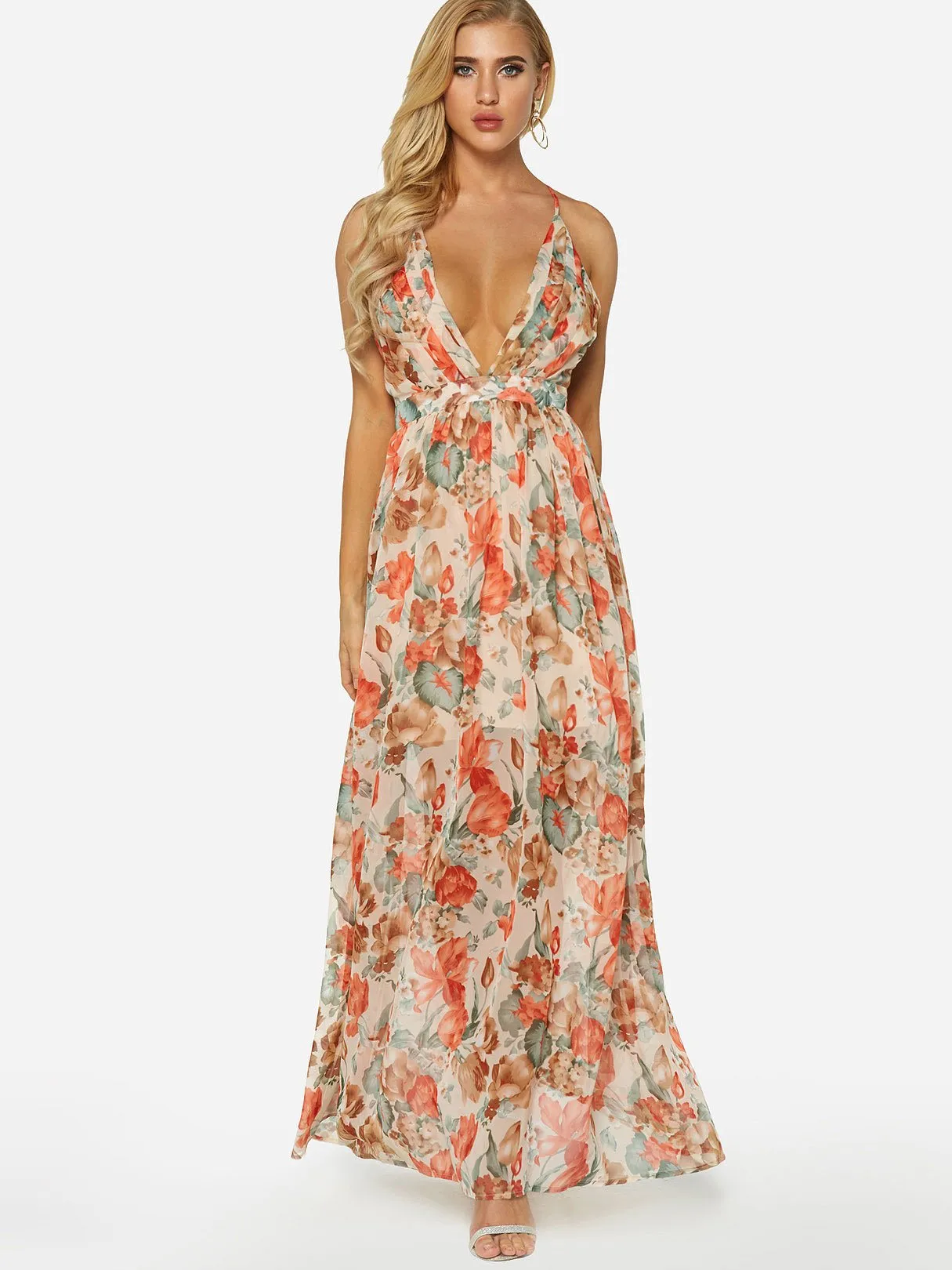 Wholesale Halter Deep V Neck Sleeveless Floral Print Backless See Through Criss-Cross Maxi Dress