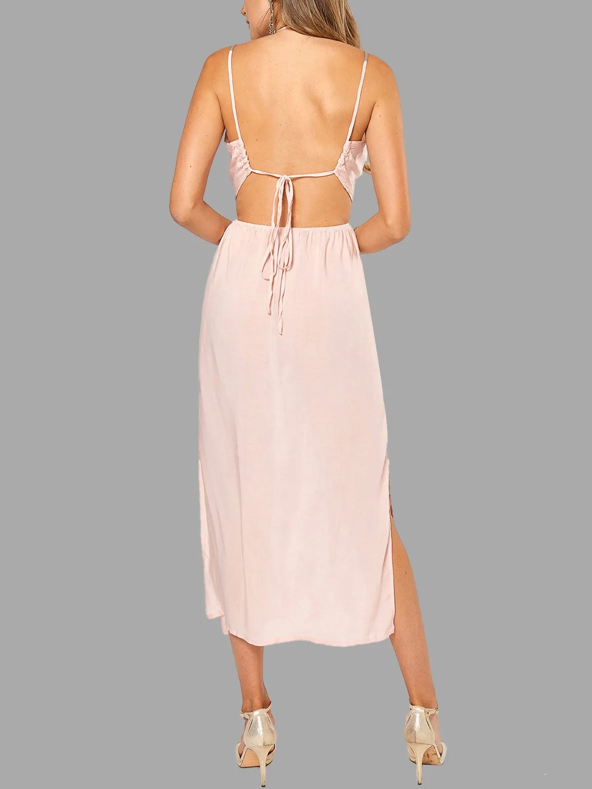 Wholesale Halter Sleeveless Backless Lace-Up Slit Hem Maxi Dresses