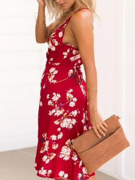 Wholesale Halter V-Neck Sleeveless Floral Print Backless Irregular Hem Dresses