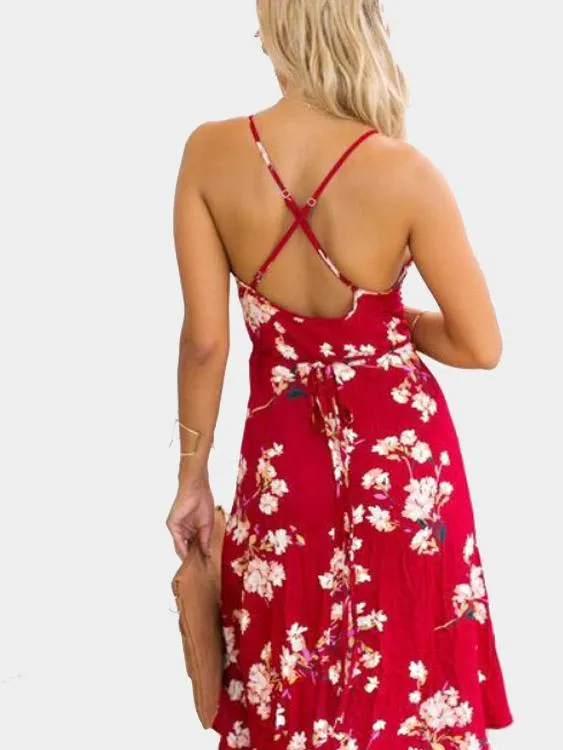 Wholesale Halter V-Neck Sleeveless Floral Print Backless Irregular Hem Dresses