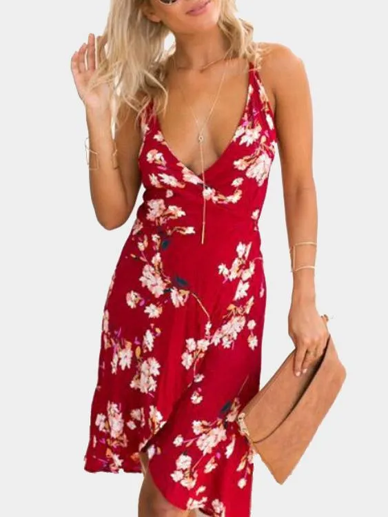 Wholesale Halter V-Neck Sleeveless Floral Print Backless Irregular Hem Dresses