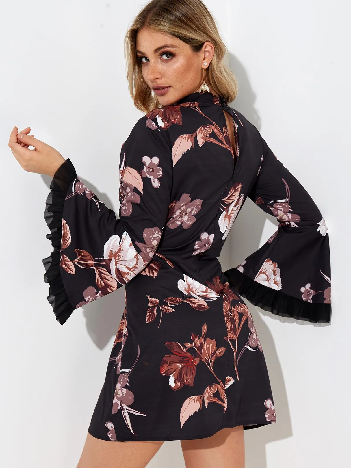 Wholesale Long Sleeve Floral Print High Waist Dresses