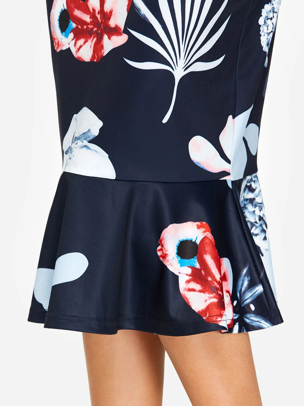 Wholesale Navy Halter Sleeveless Floral Print Zip Back Flounced Hem Dresses