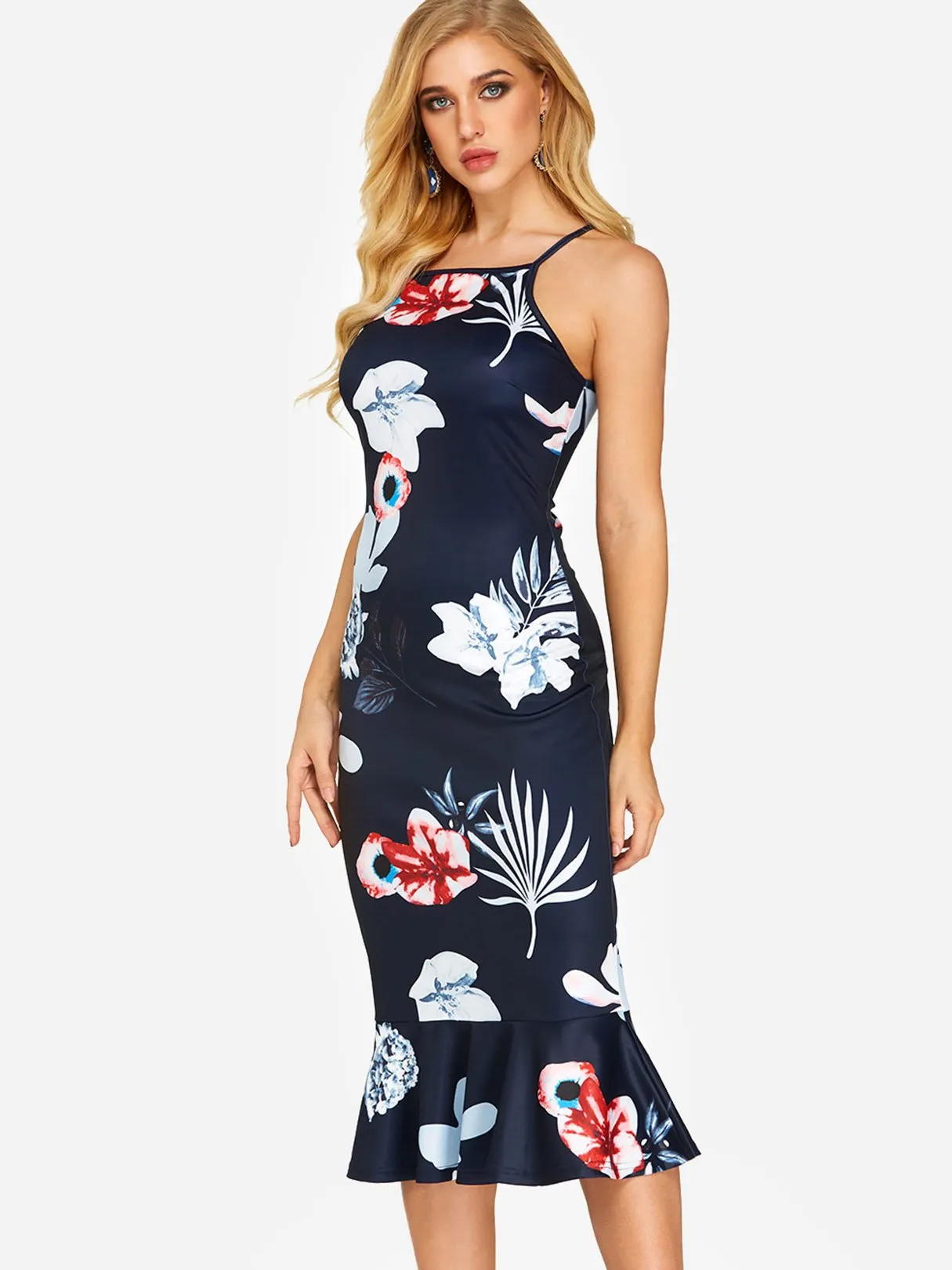 Wholesale Navy Halter Sleeveless Floral Print Zip Back Flounced Hem Dresses