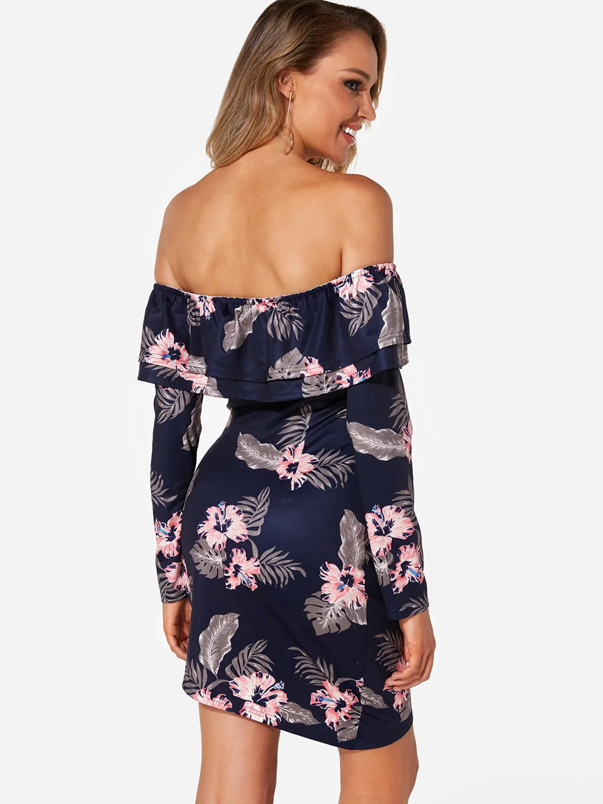 Wholesale Navy Off The Shoulder Long Sleeve Floral Print Tiered Irregular Hem Dresses