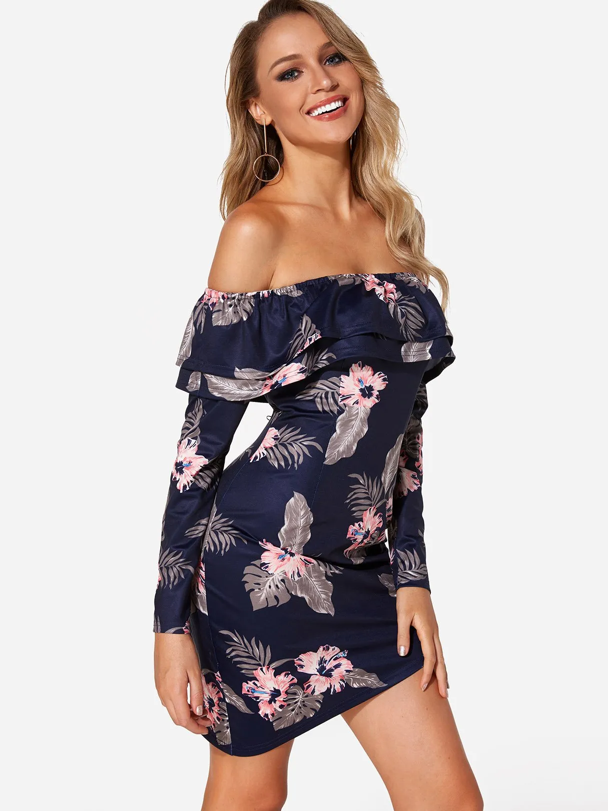 Wholesale Navy Off The Shoulder Long Sleeve Floral Print Tiered Irregular Hem Dresses