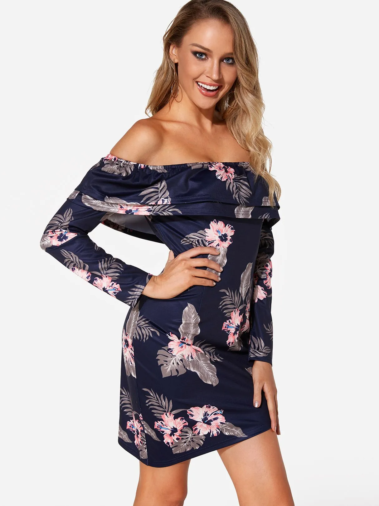 Wholesale Navy Off The Shoulder Long Sleeve Floral Print Tiered Irregular Hem Dresses