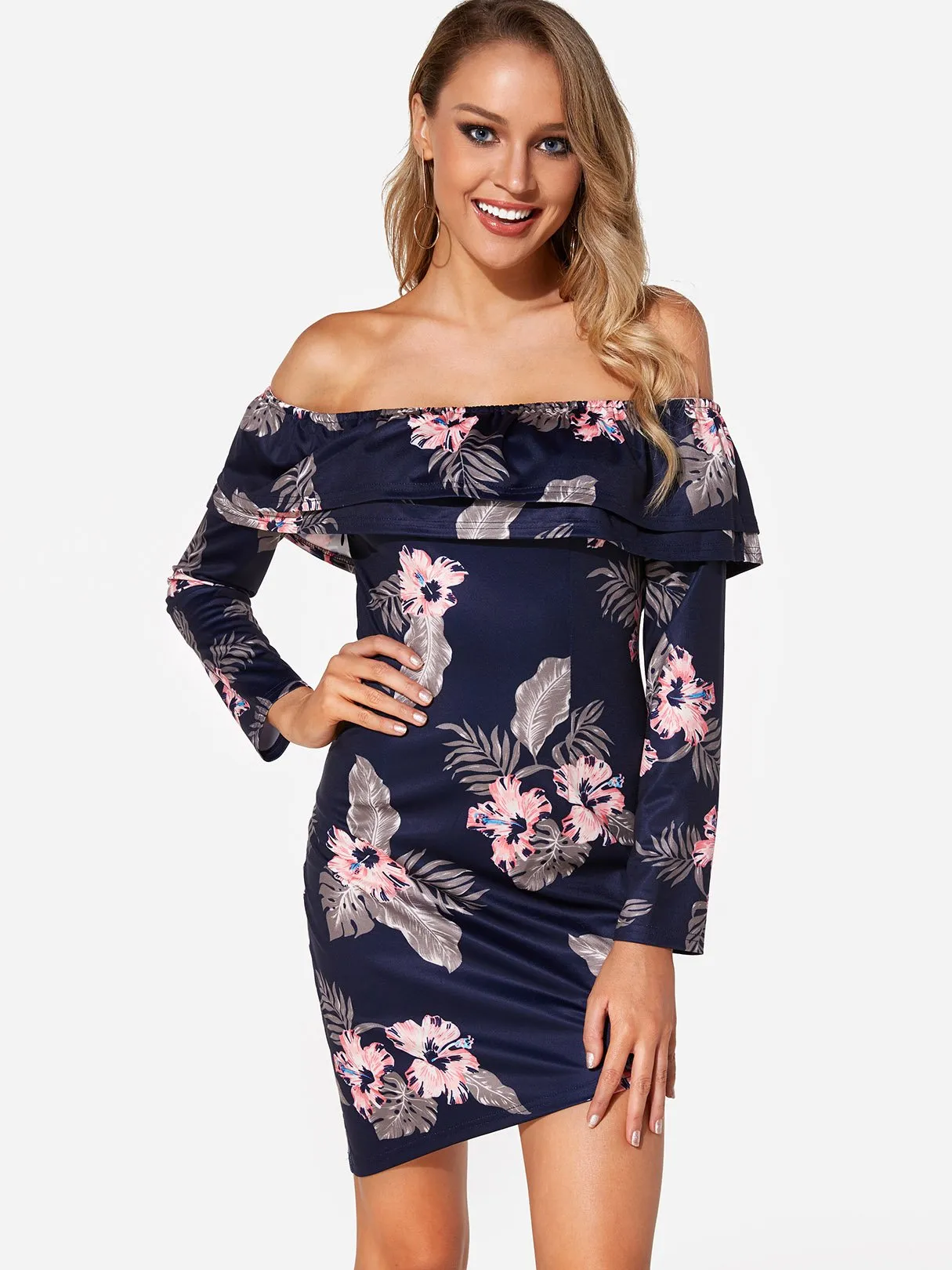 Wholesale Navy Off The Shoulder Long Sleeve Floral Print Tiered Irregular Hem Dresses